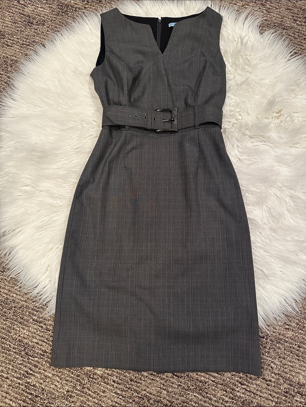 ANTONIO MELANI Gray Pinstripe Belted Sheath Dress